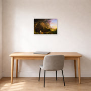 Unframed poster print of Thomas Cole's The Voyage of Life (Childhood) displayed on a wall in a office