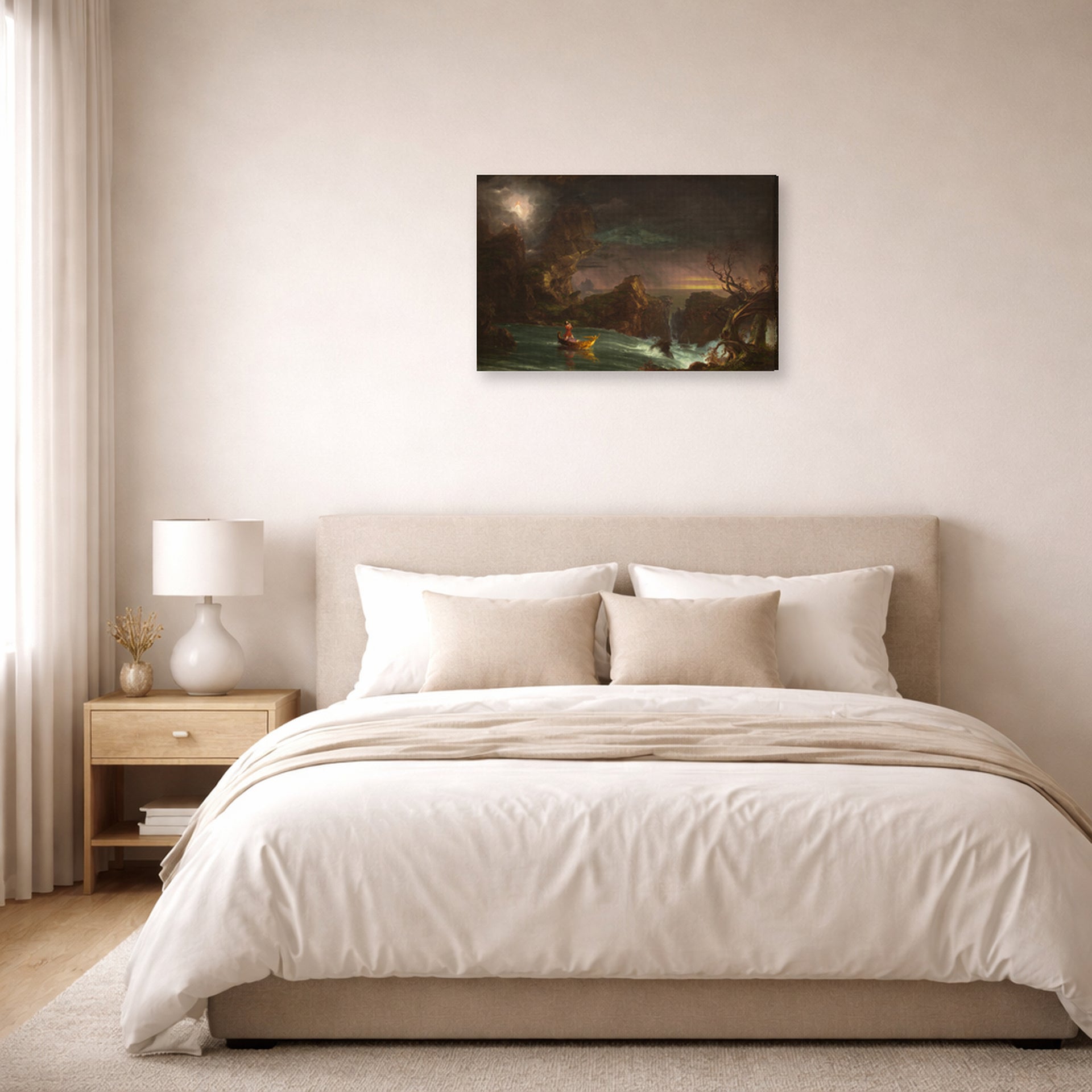 Gallery-wrapped canvas print of Thomas Cole's The Voyage of Life (Manhood) displayed on a wall in a bedroom