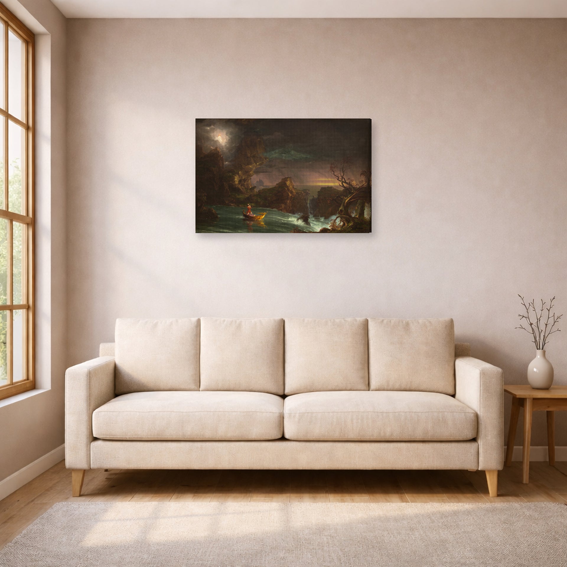 Gallery-wrapped canvas print of Thomas Cole's The Voyage of Life (Manhood) displayed on a wall in a living room