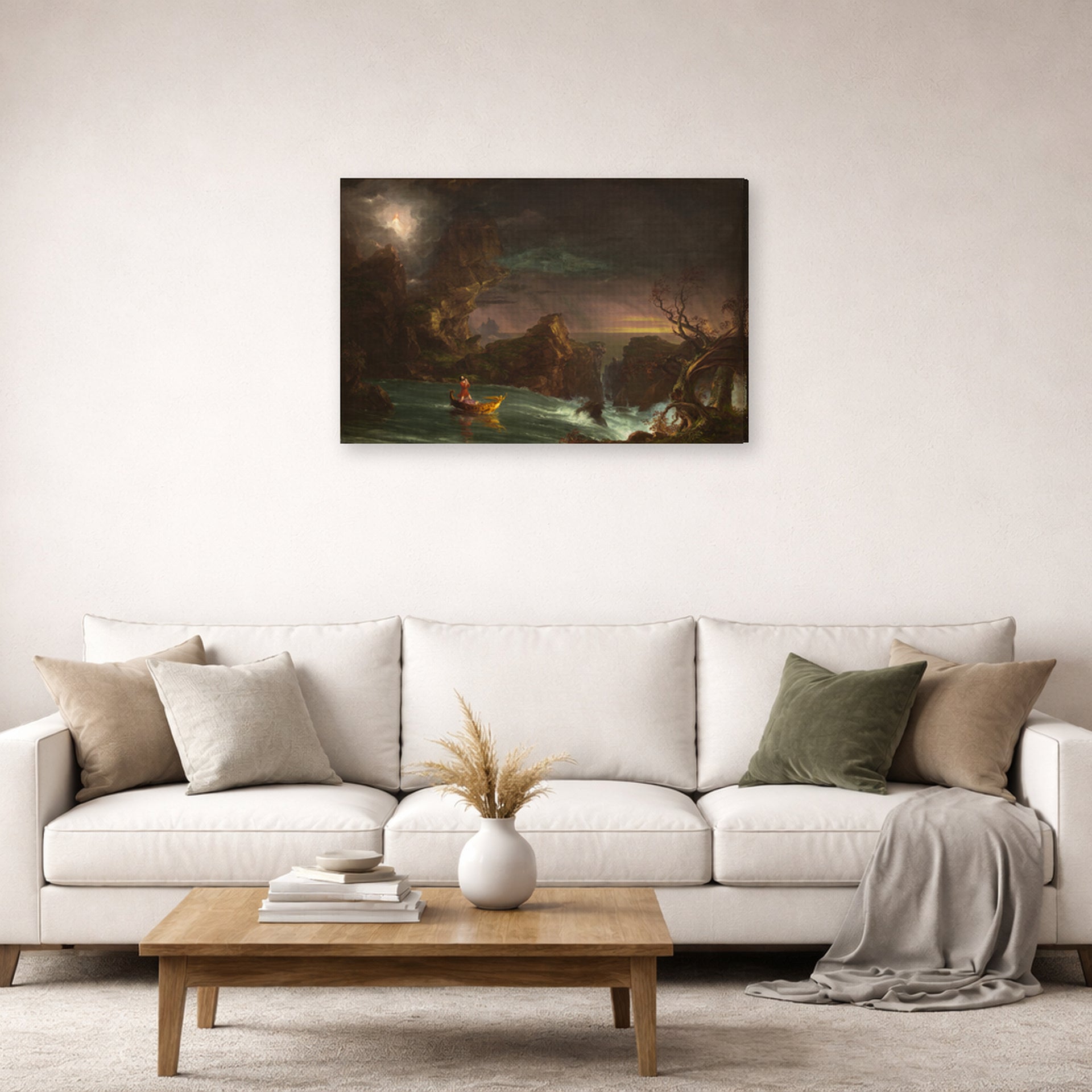 Gallery-wrapped canvas print of Thomas Cole's The Voyage of Life (Manhood) displayed on a wall in a living room