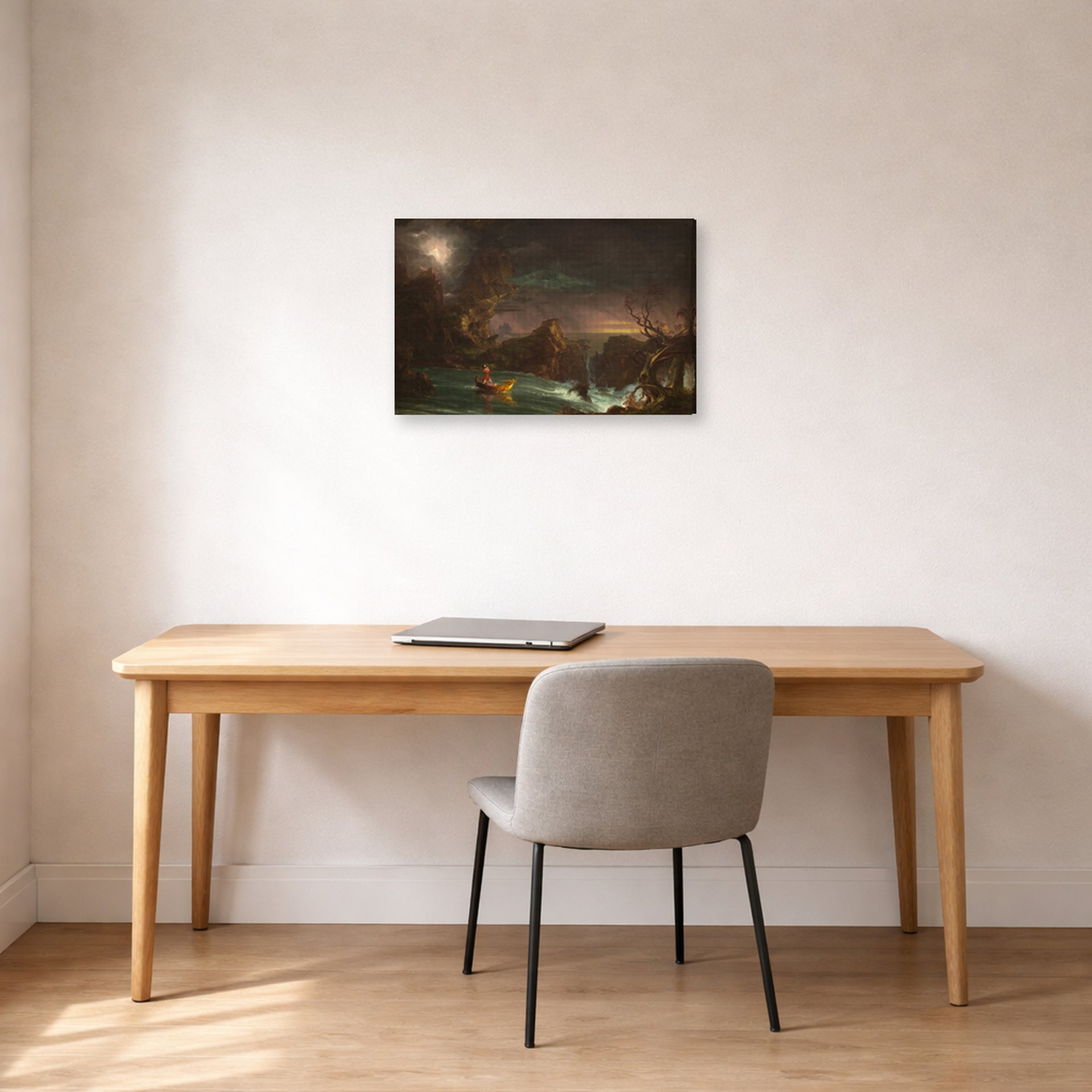 Gallery-wrapped canvas print of Thomas Cole's The Voyage of Life (Manhood) displayed on a wall in a office