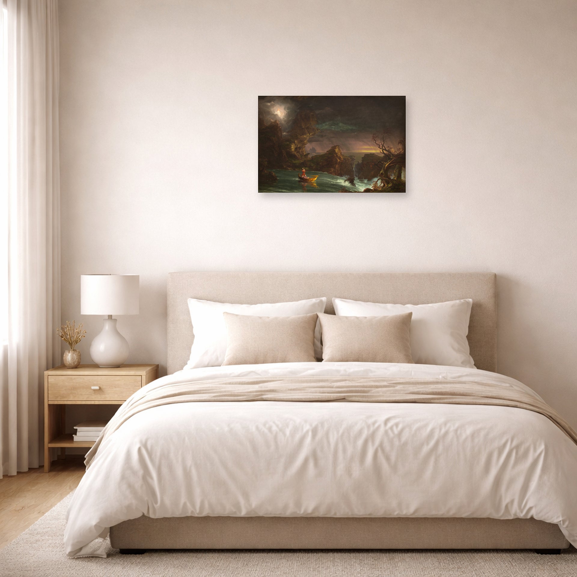 Unframed poster print of Thomas Cole's The Voyage of Life (Manhood) displayed on a wall in a bedroom