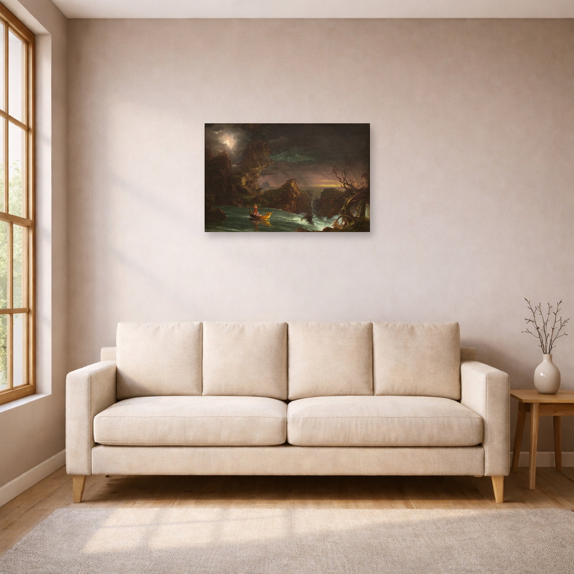 Unframed poster print of Thomas Cole's The Voyage of Life (Manhood) displayed on a wall in a living room