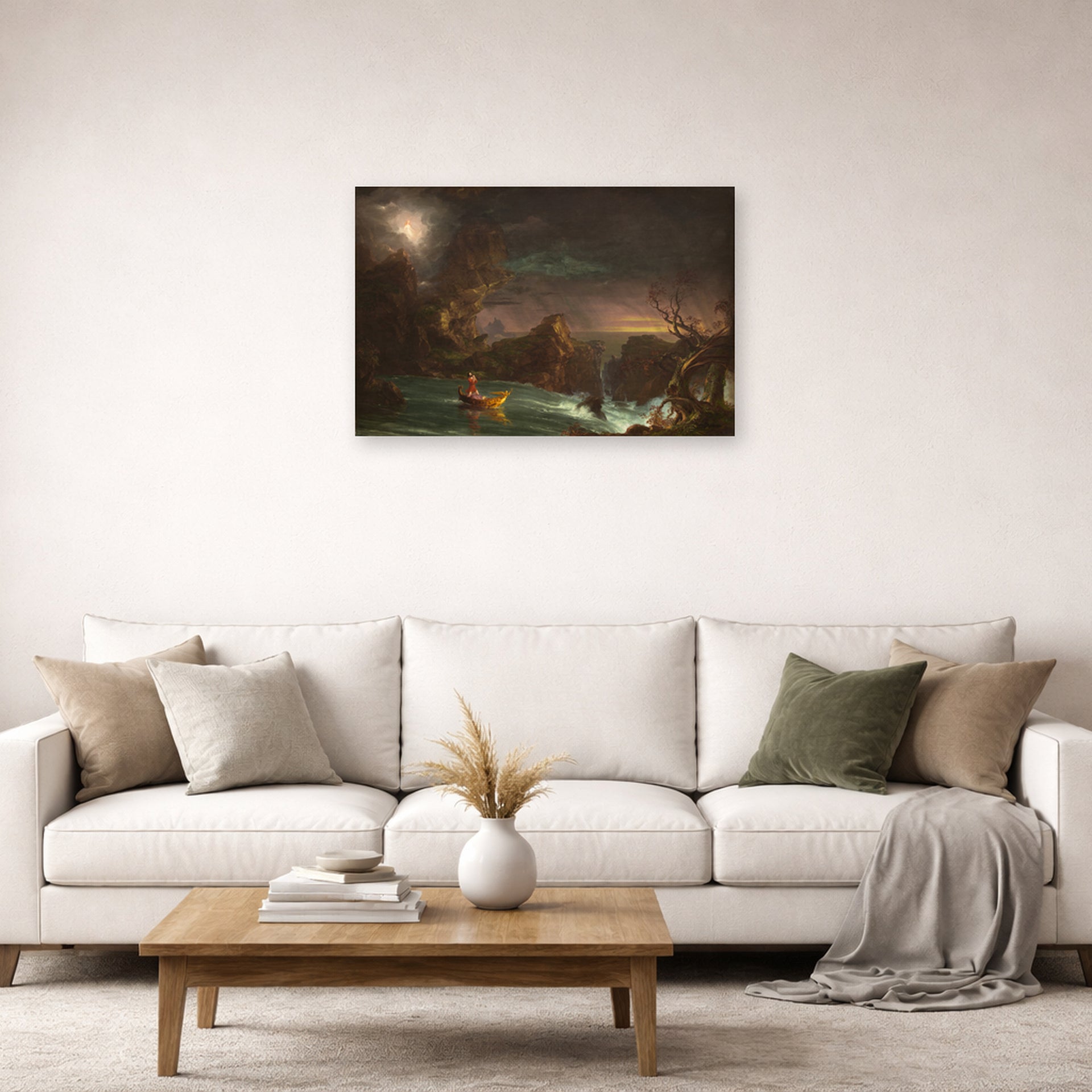 Unframed poster print of Thomas Cole's The Voyage of Life (Manhood) displayed on a wall in a living room