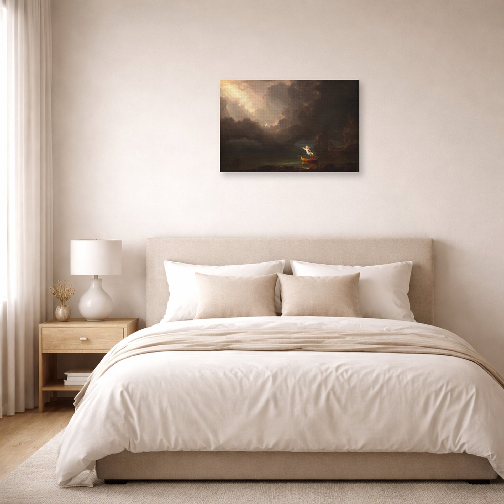 Gallery-wrapped canvas print of Thomas Cole's The Voyage of Life (Old Age) displayed on a wall in a bedroom
