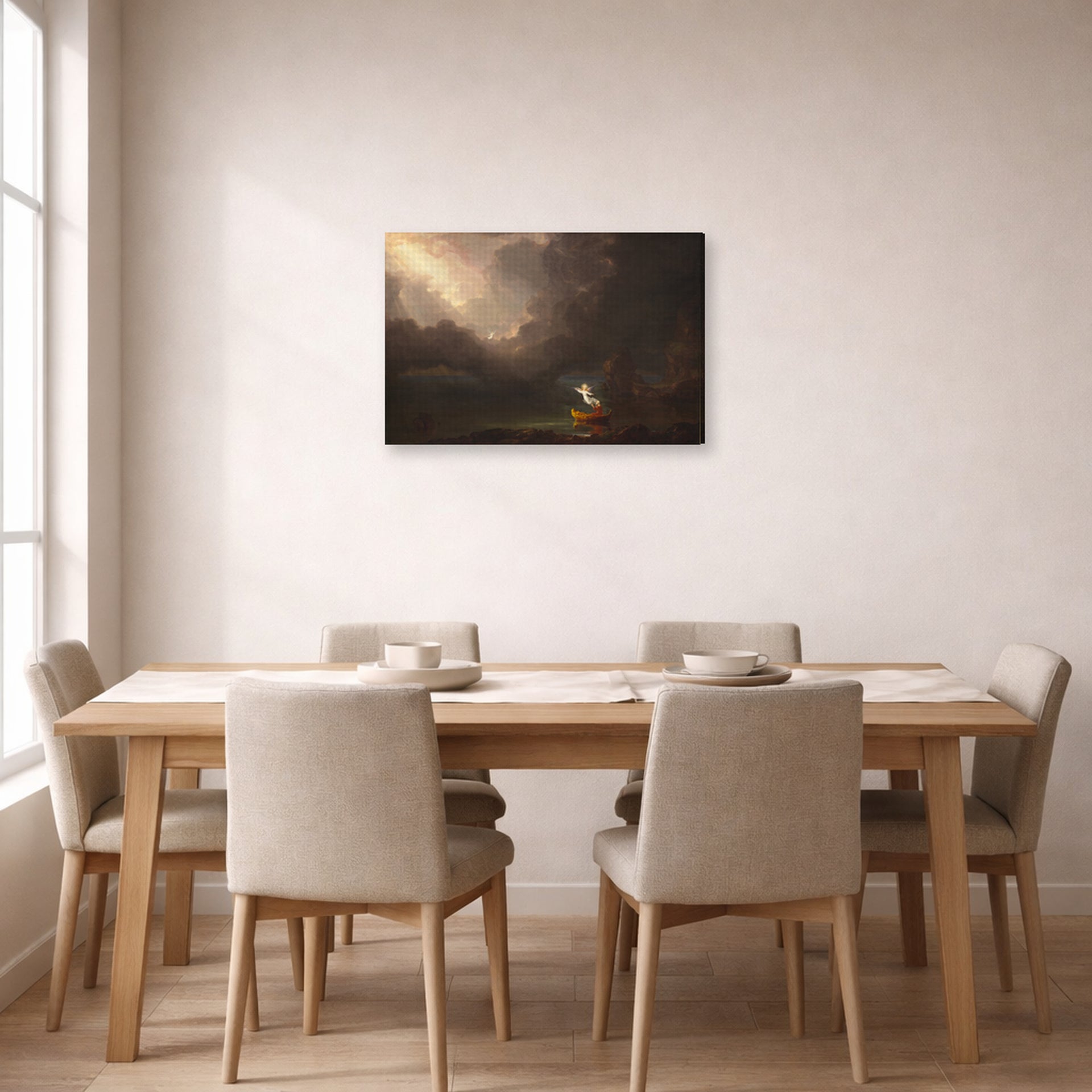 Gallery-wrapped canvas print of Thomas Cole's The Voyage of Life (Old Age) displayed on a wall in a dining room