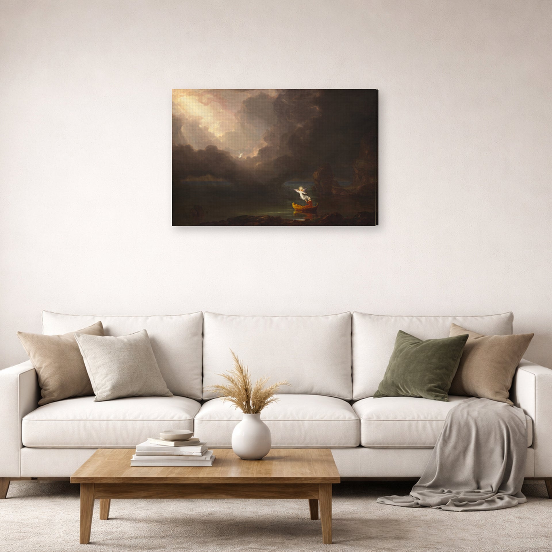 Gallery-wrapped canvas print of Thomas Cole's The Voyage of Life (Old Age) displayed on a wall in a living room