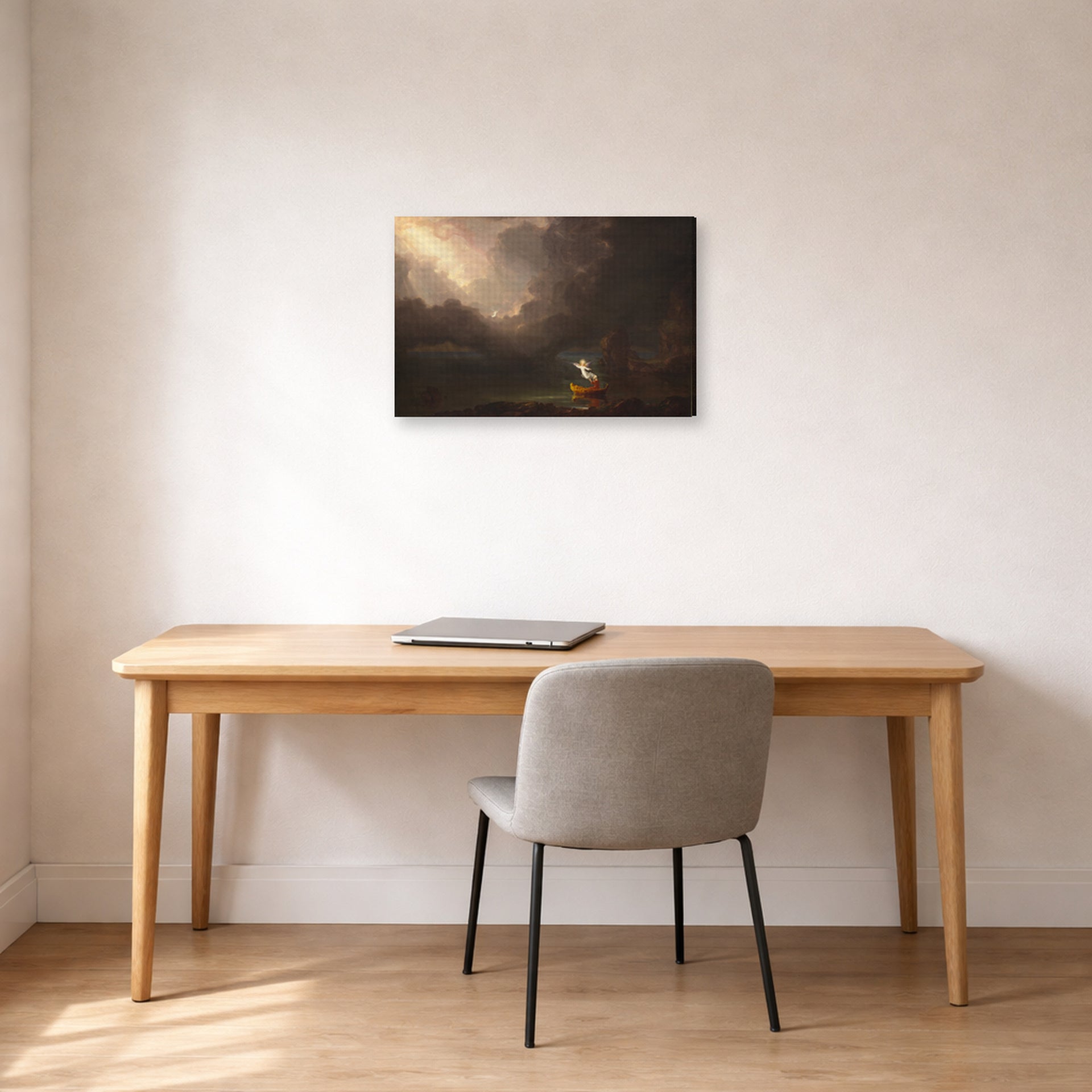 Gallery-wrapped canvas print of Thomas Cole's The Voyage of Life (Old Age) displayed on a wall in a office