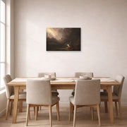 Unframed poster print of Thomas Cole's The Voyage of Life (Old Age) displayed on a wall in a dining room