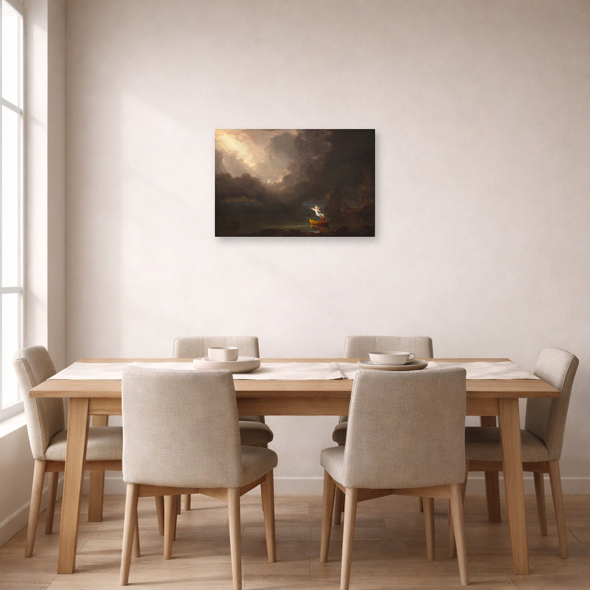 Unframed poster print of Thomas Cole's The Voyage of Life (Old Age) displayed on a wall in a dining room