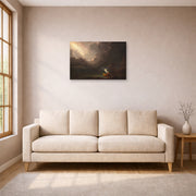 Unframed poster print of Thomas Cole's The Voyage of Life (Old Age) displayed on a wall in a living room