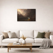Unframed poster print of Thomas Cole's The Voyage of Life (Old Age) displayed on a wall in a living room