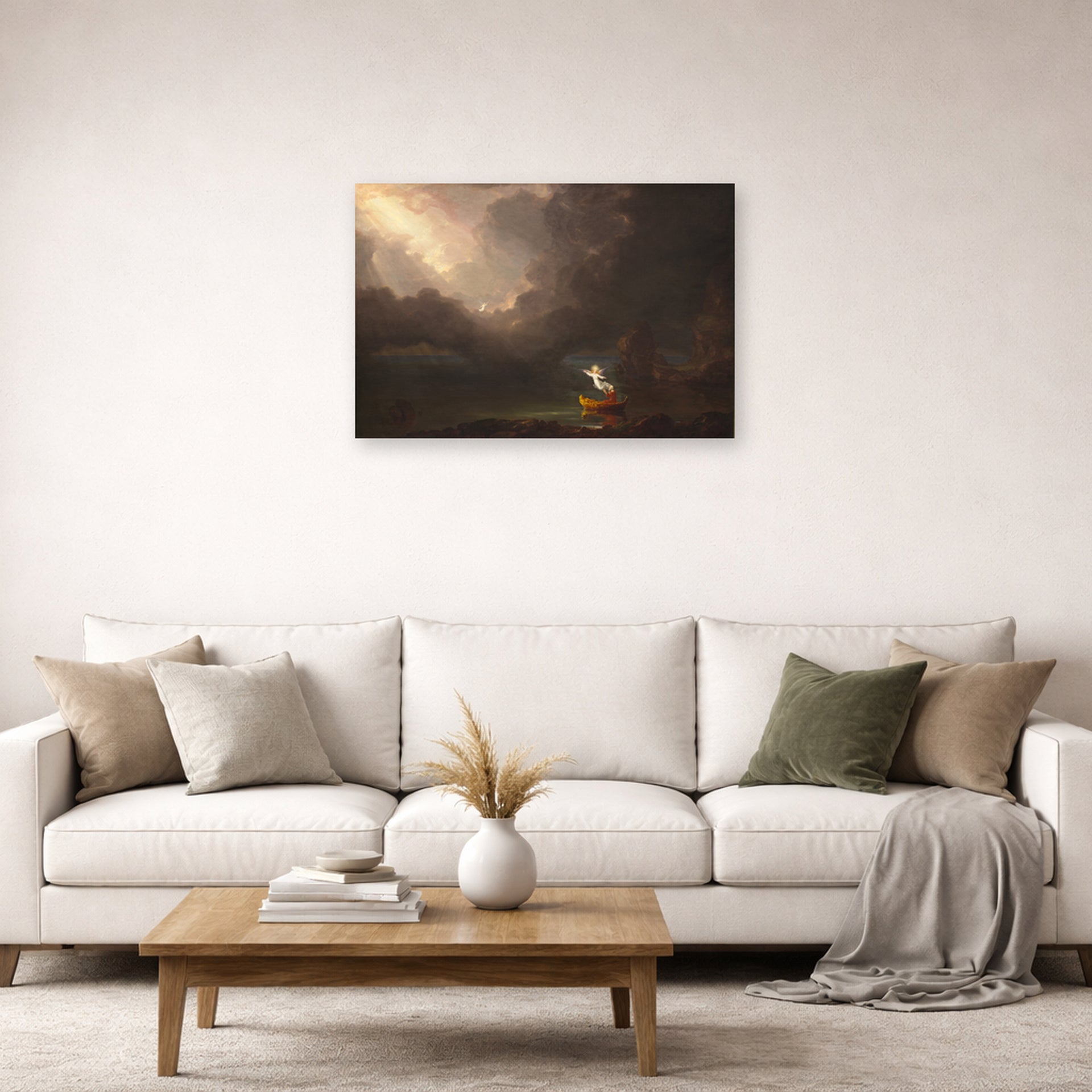 Unframed poster print of Thomas Cole's The Voyage of Life (Old Age) displayed on a wall in a living room