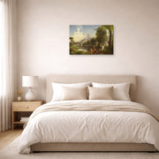 Gallery-wrapped canvas print of Thomas Cole's The Voyage of Life (Youth) displayed on a wall in a bedroom