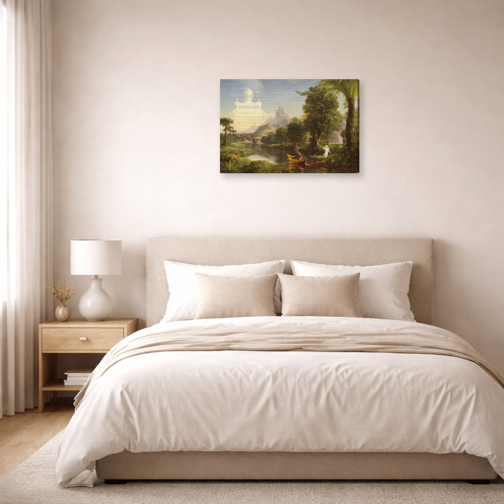 Gallery-wrapped canvas print of Thomas Cole's The Voyage of Life (Youth) displayed on a wall in a bedroom