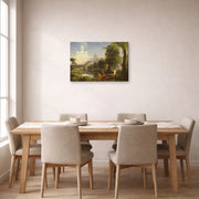 Gallery-wrapped canvas print of Thomas Cole's The Voyage of Life (Youth) displayed on a wall in a dining room