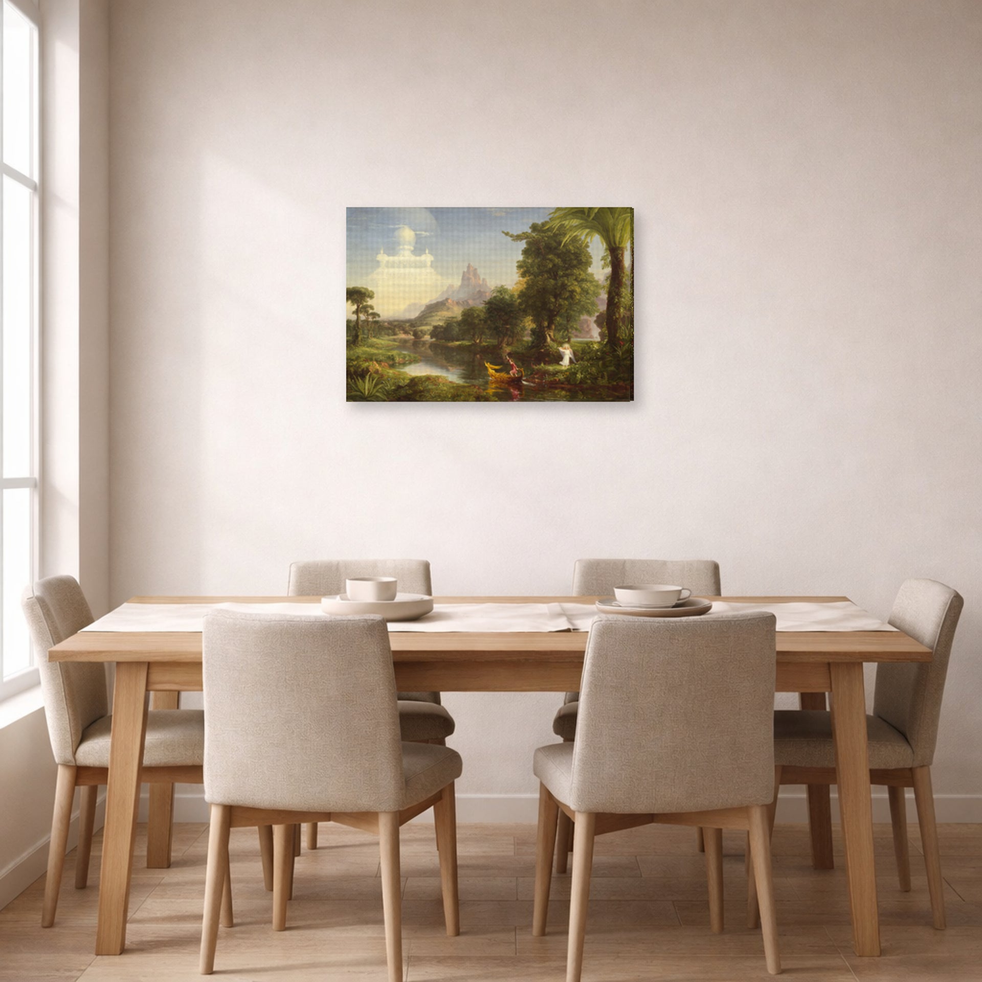 Gallery-wrapped canvas print of Thomas Cole's The Voyage of Life (Youth) displayed on a wall in a dining room