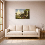 Gallery-wrapped canvas print of Thomas Cole's The Voyage of Life (Youth) displayed on a wall in a living room