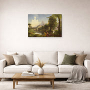 Gallery-wrapped canvas print of Thomas Cole's The Voyage of Life (Youth) displayed on a wall in a living room