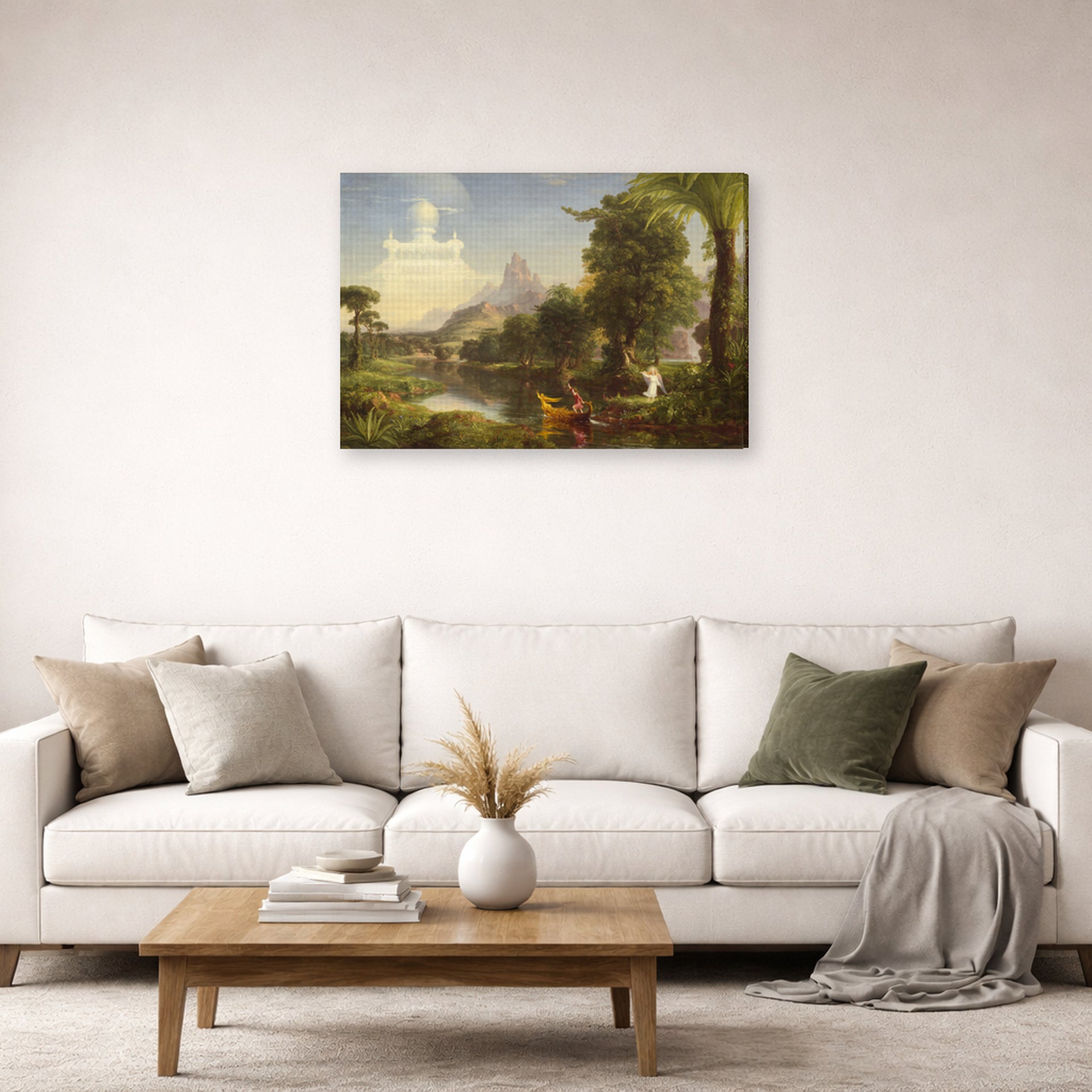 Gallery-wrapped canvas print of Thomas Cole's The Voyage of Life (Youth) displayed on a wall in a living room