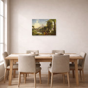 Unframed poster print of Thomas Cole's The Voyage of Life (Youth) displayed on a wall in a dining room