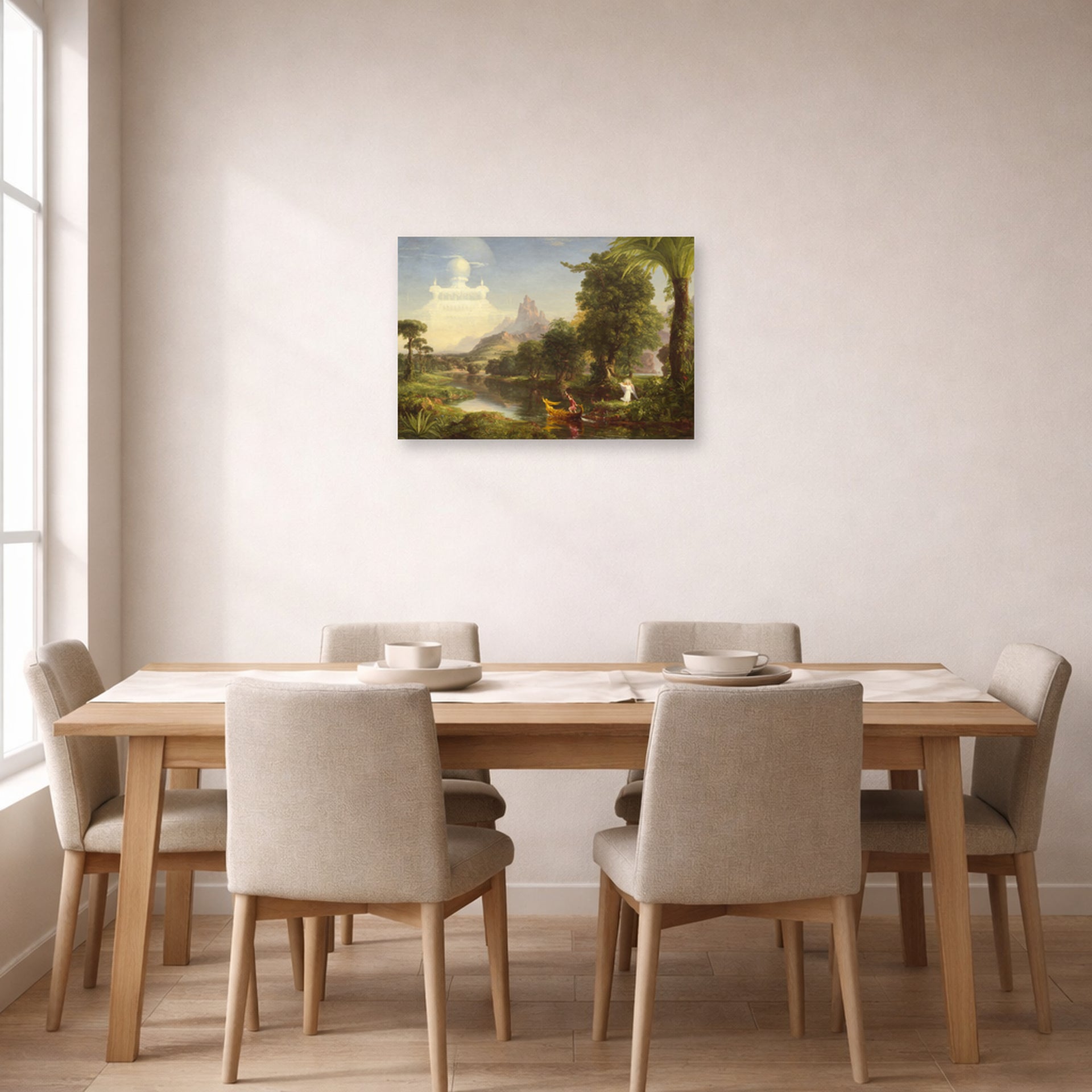 Unframed poster print of Thomas Cole's The Voyage of Life (Youth) displayed on a wall in a dining room