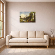 Unframed poster print of Thomas Cole's The Voyage of Life (Youth) displayed on a wall in a living room