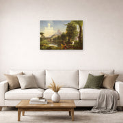 Unframed poster print of Thomas Cole's The Voyage of Life (Youth) displayed on a wall in a living room