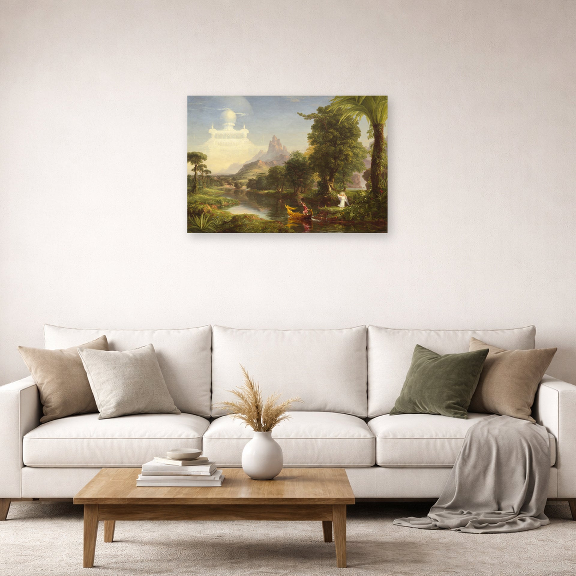 Unframed poster print of Thomas Cole's The Voyage of Life (Youth) displayed on a wall in a living room