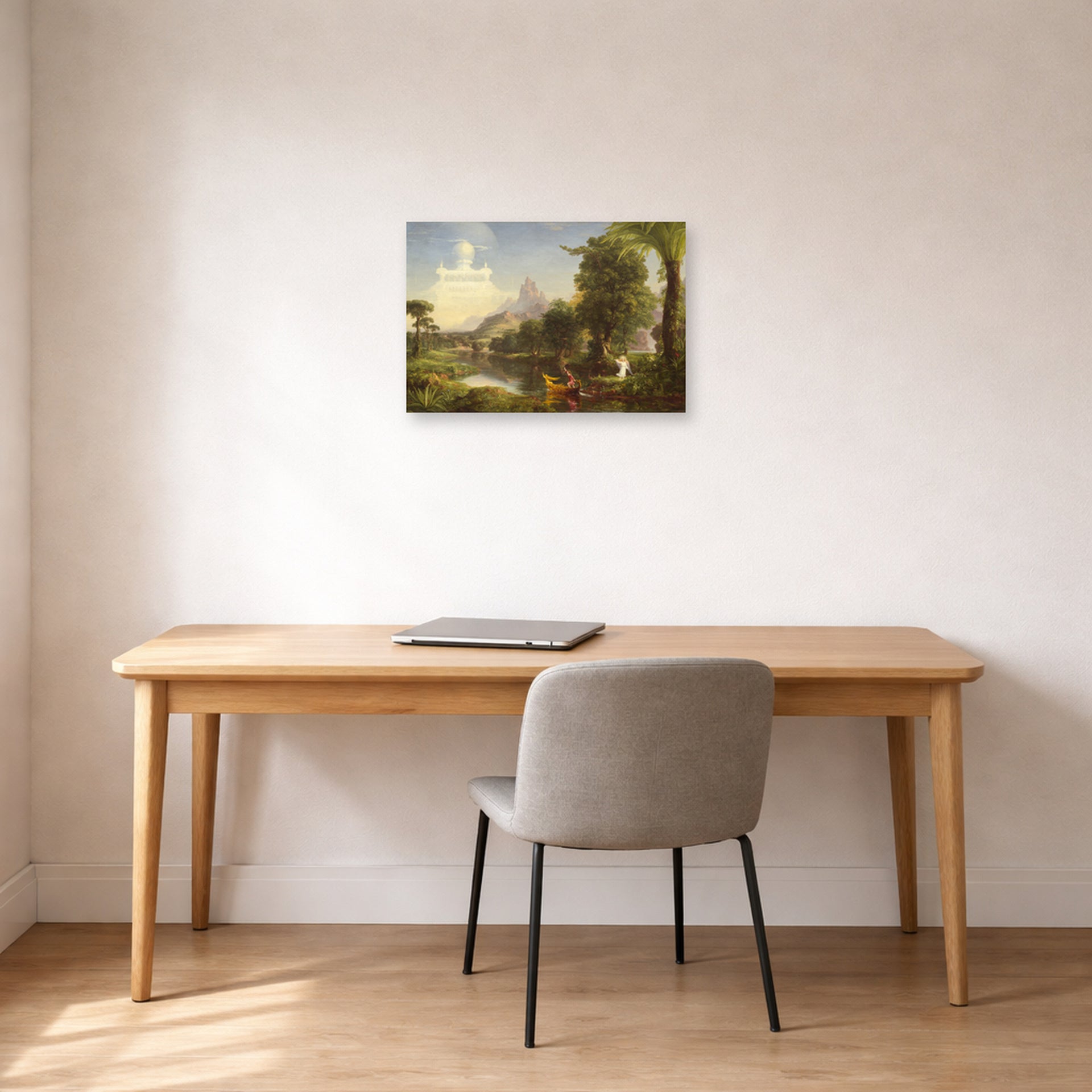 Unframed poster print of Thomas Cole's The Voyage of Life (Youth) displayed on a wall in a office