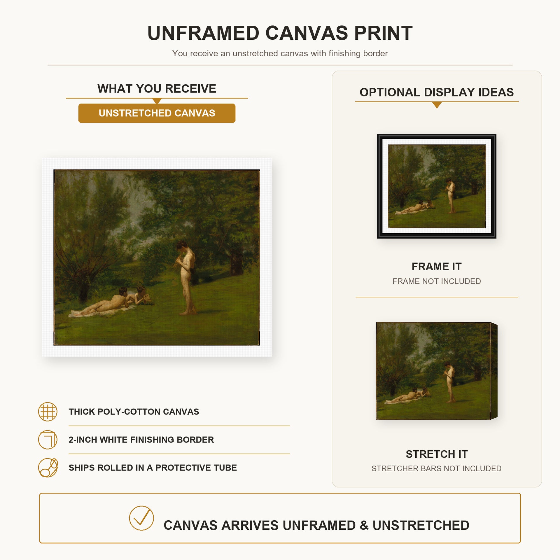 Thomas Eakins - Arcadia canvas print size comparison and framing display infographic
