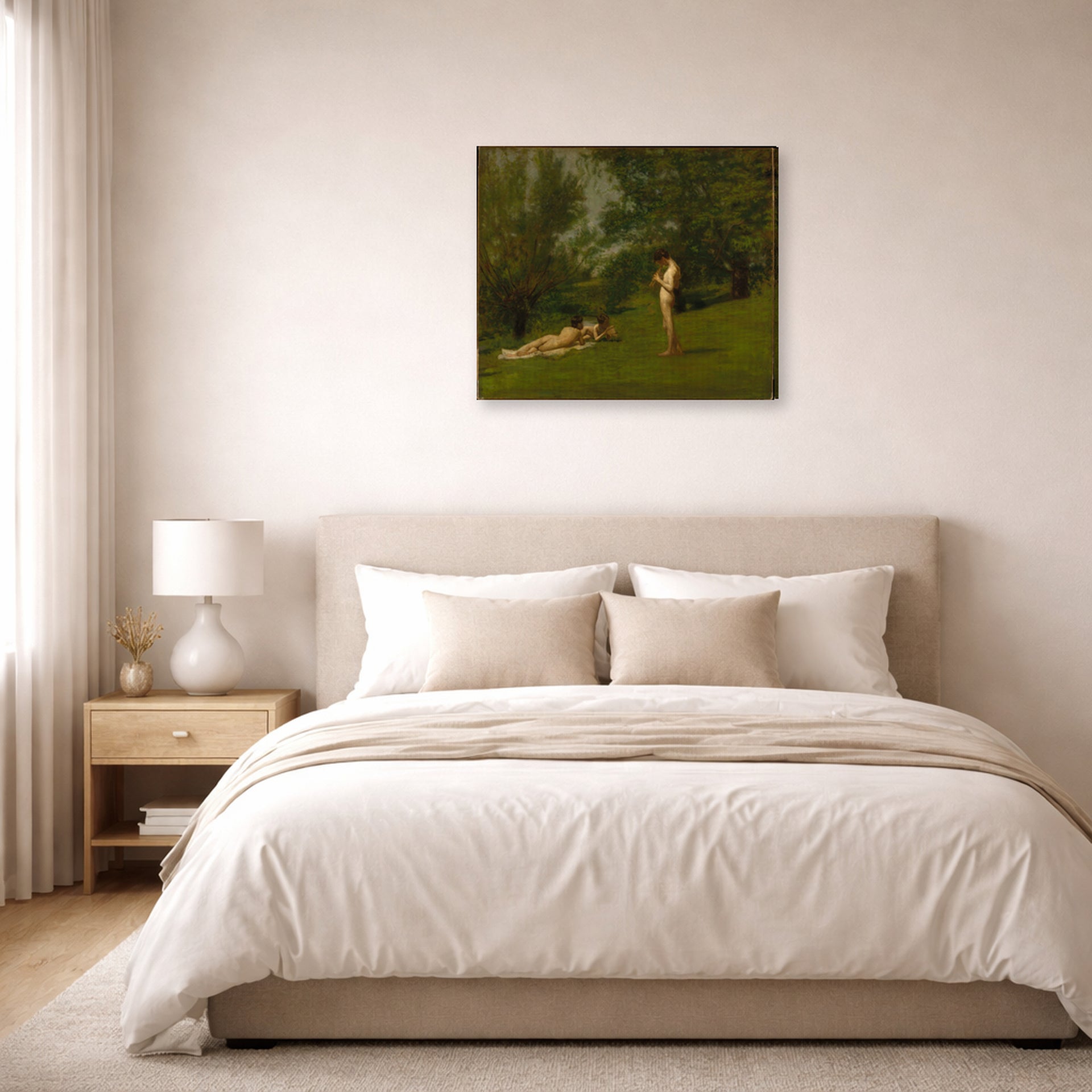 Gallery-wrapped canvas print of Thomas Eakins's Arcadia displayed on a wall in a bedroom