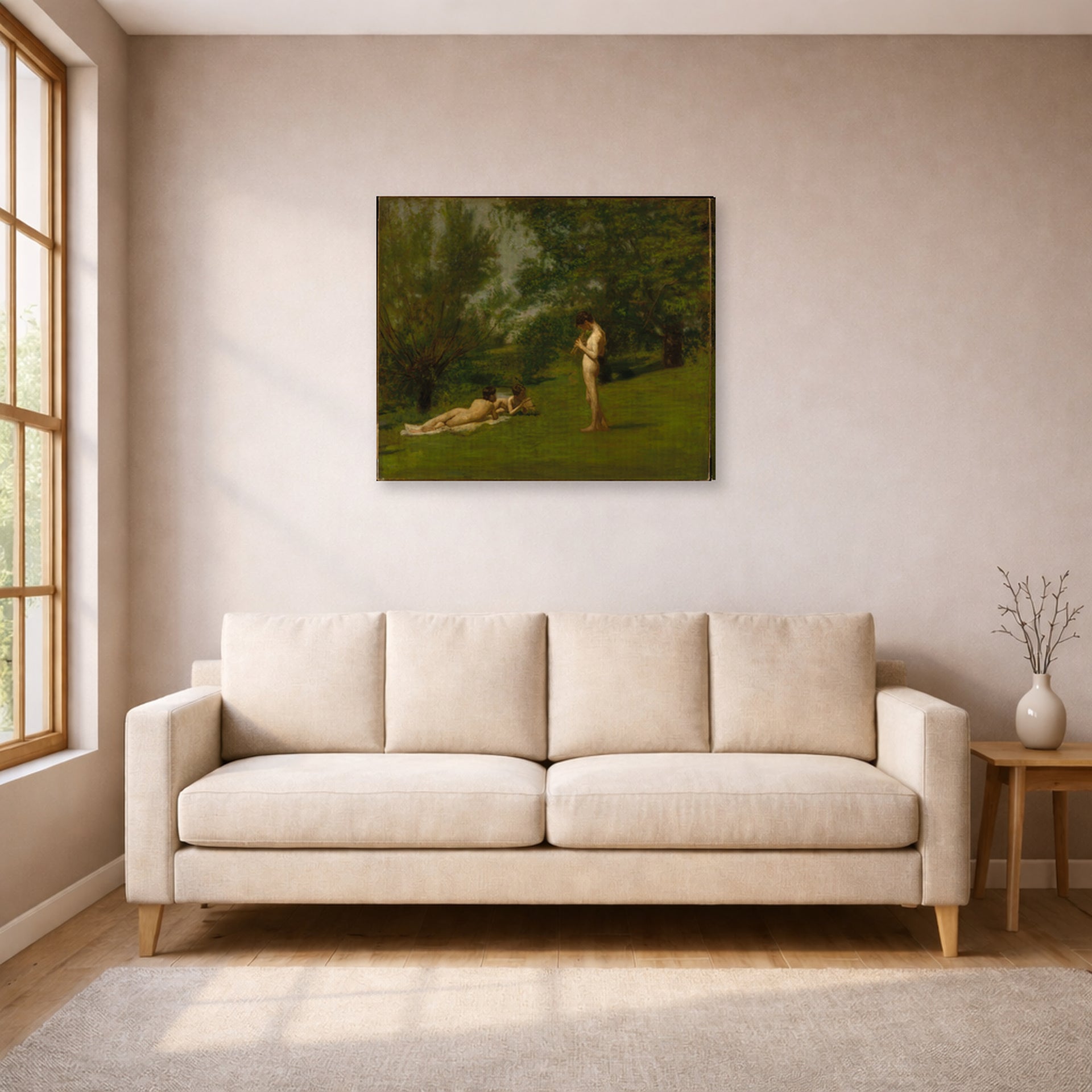 Gallery-wrapped canvas print of Thomas Eakins's Arcadia displayed on a wall in a living room
