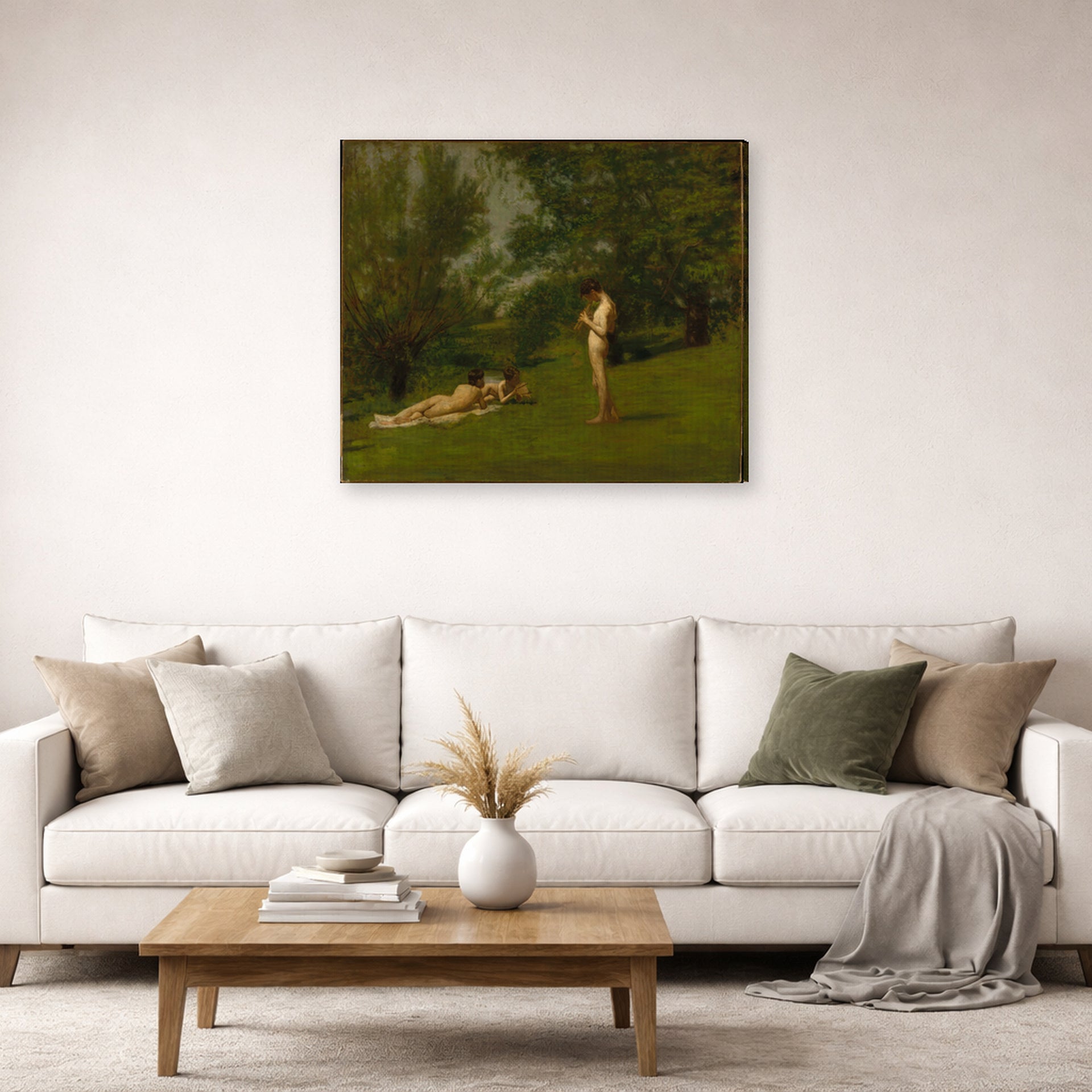 Gallery-wrapped canvas print of Thomas Eakins's Arcadia displayed on a wall in a living room