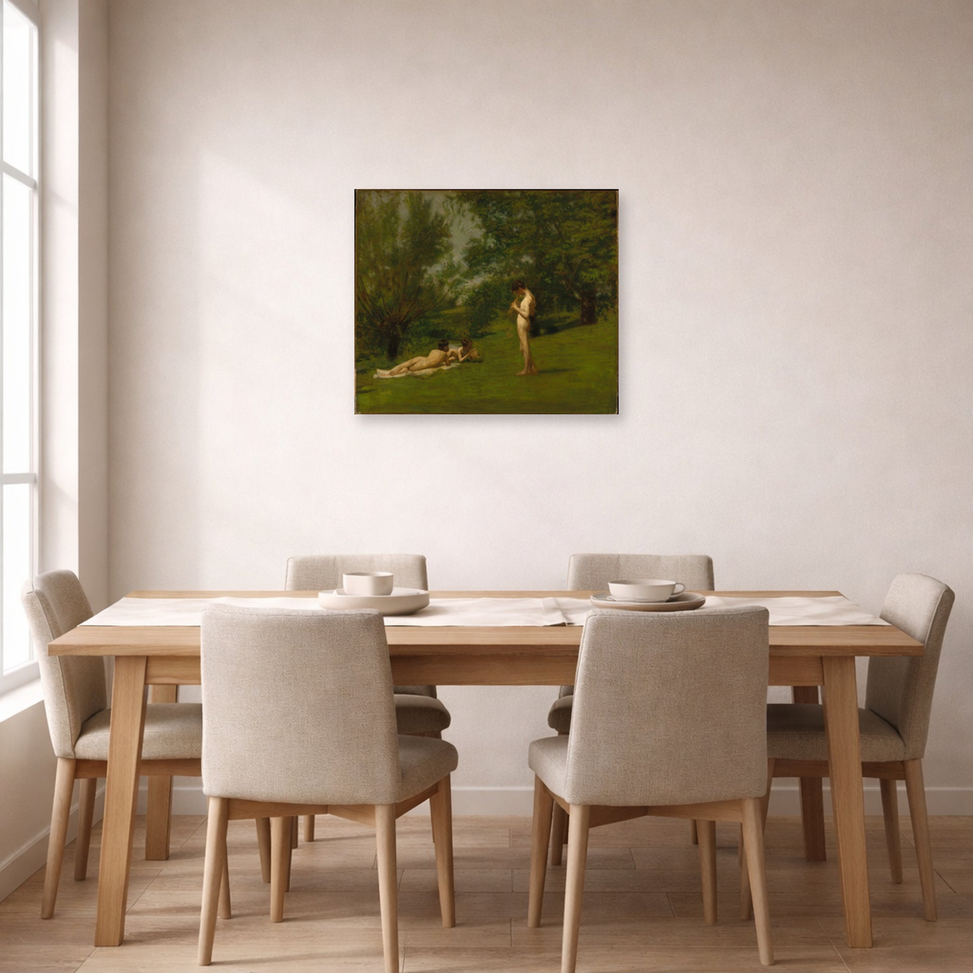 Unframed poster print of Thomas Eakins's Arcadia displayed on a wall in a dining room
