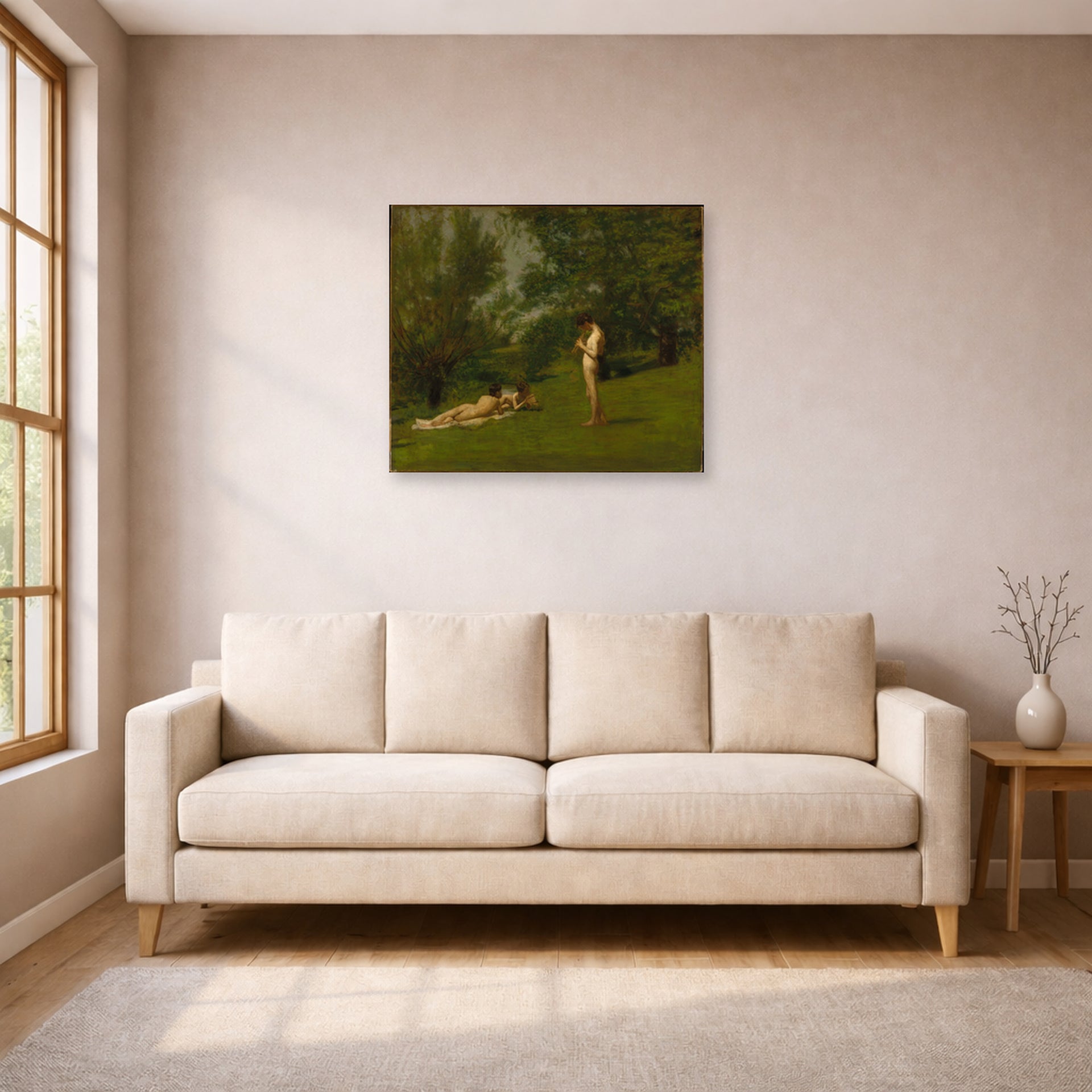 Unframed poster print of Thomas Eakins's Arcadia displayed on a wall in a living room