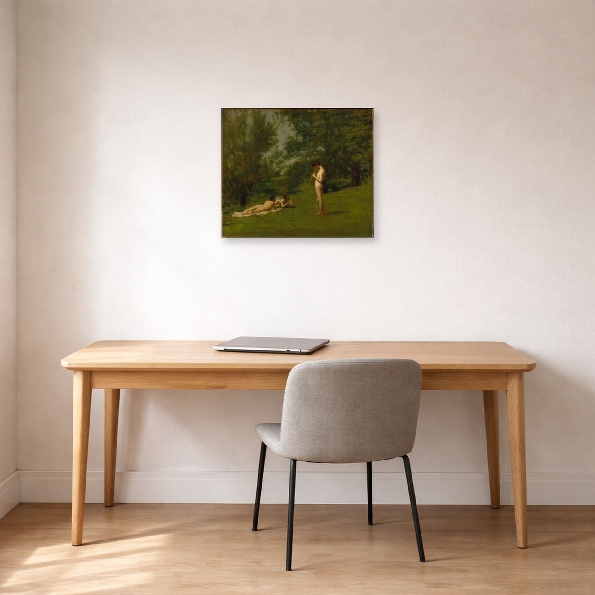 Unframed poster print of Thomas Eakins's Arcadia displayed on a wall in a office