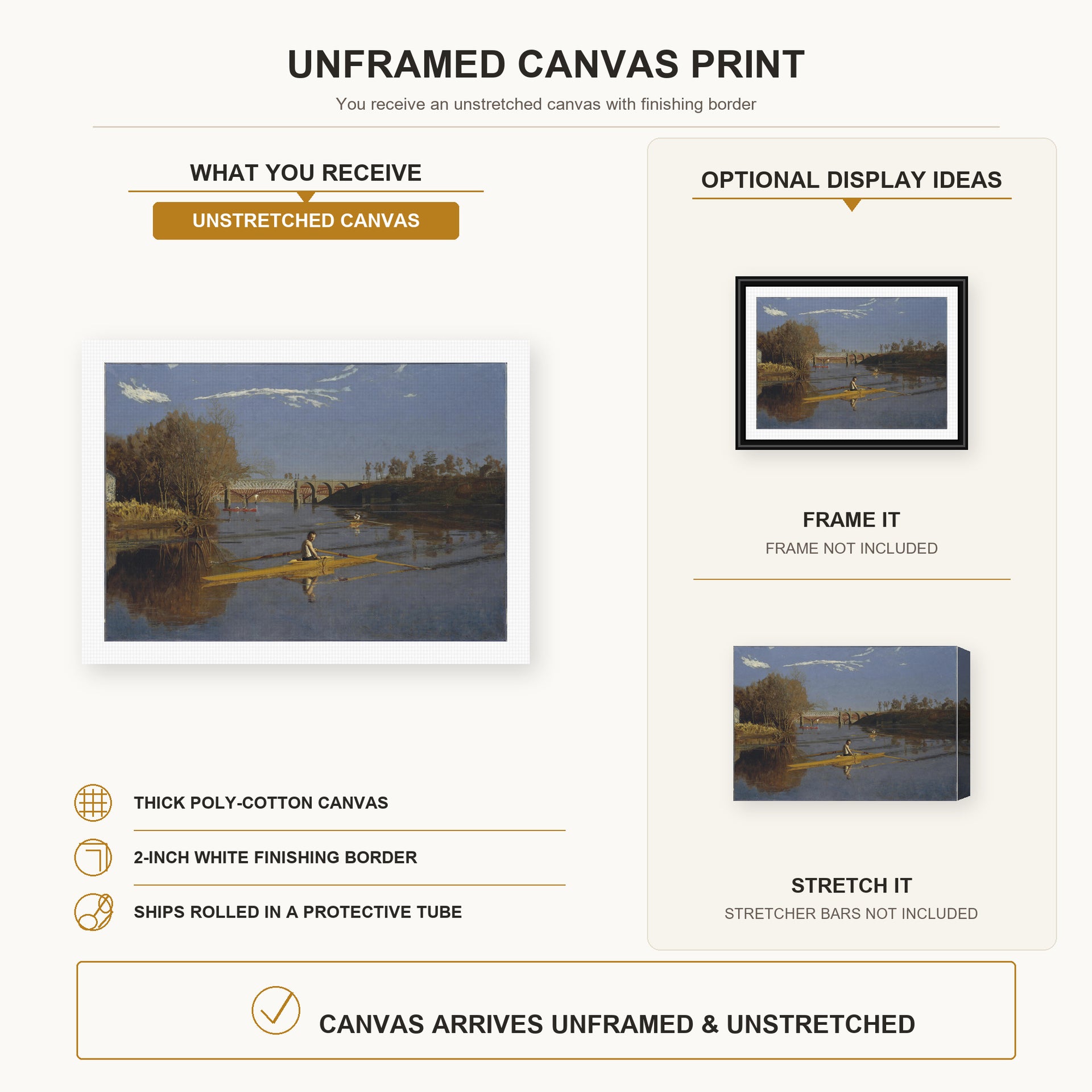 Thomas Eakins - Max Schmitt in a Single Scull canvas print size comparison and framing display infographic