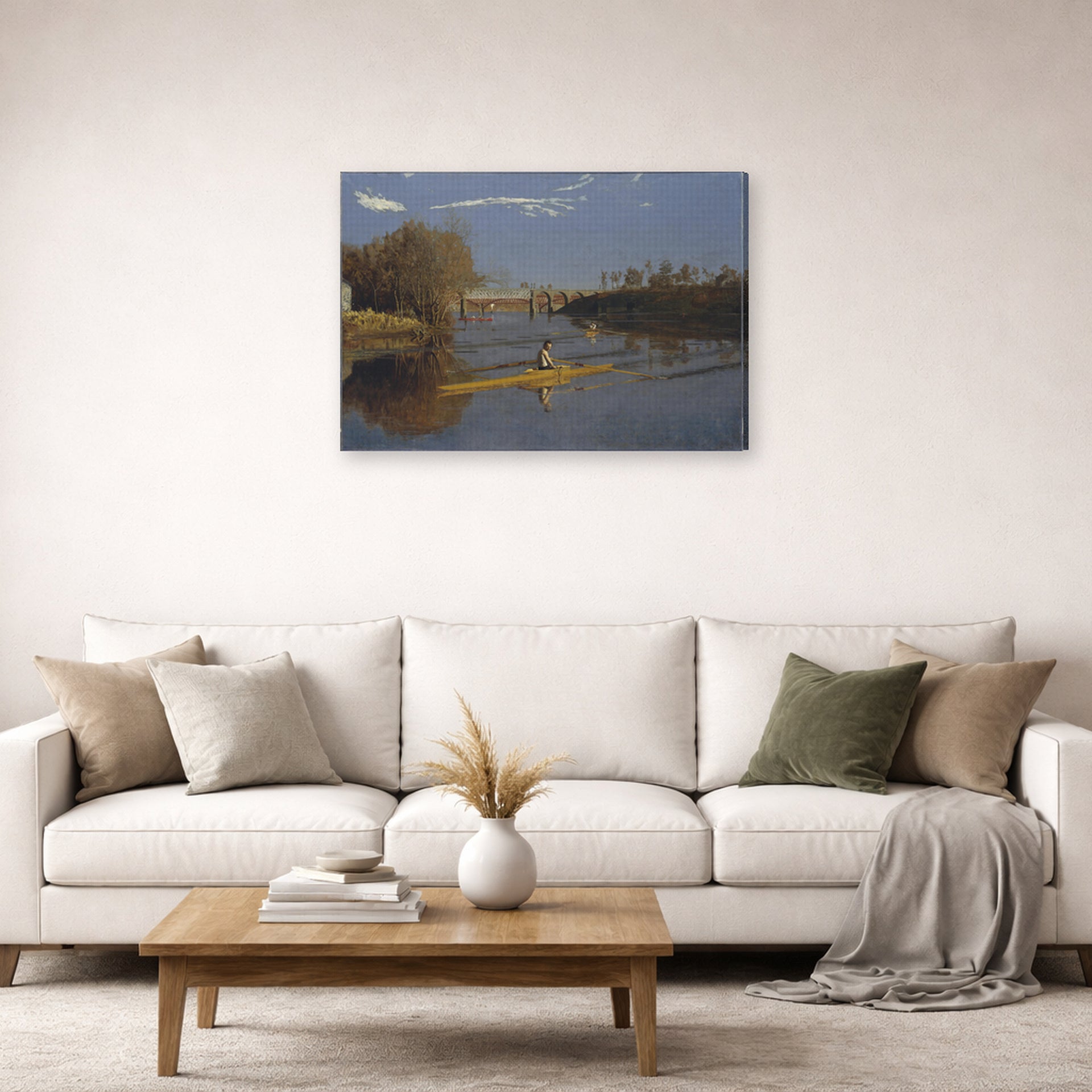 Gallery-wrapped canvas print of Thomas Eakins's Max Schmitt in a Single Scull displayed on a wall in a living room