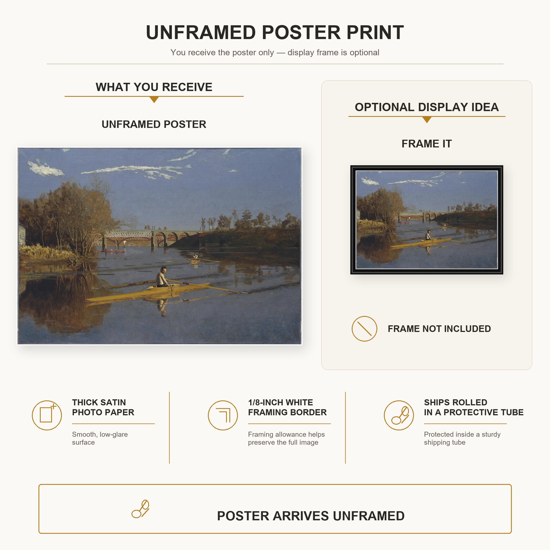 Thomas Eakins - Max Schmitt in a Single Scull poster print size comparison and framing display infographic