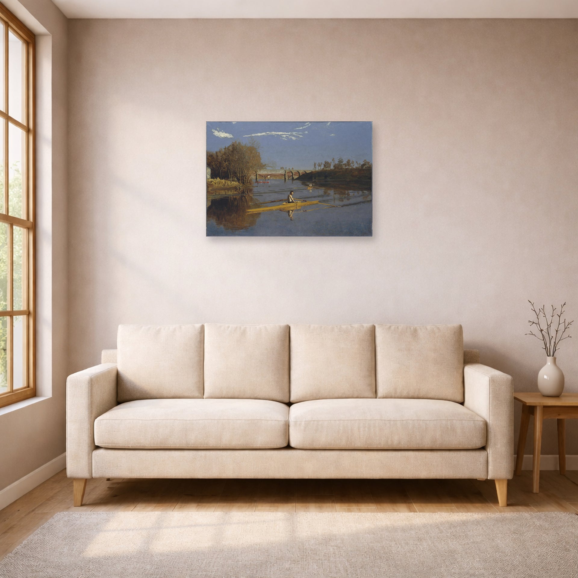 Unframed poster print of Thomas Eakins's Max Schmitt in a Single Scull displayed on a wall in a living room