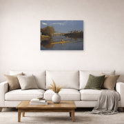 Unframed poster print of Thomas Eakins's Max Schmitt in a Single Scull displayed on a wall in a living room