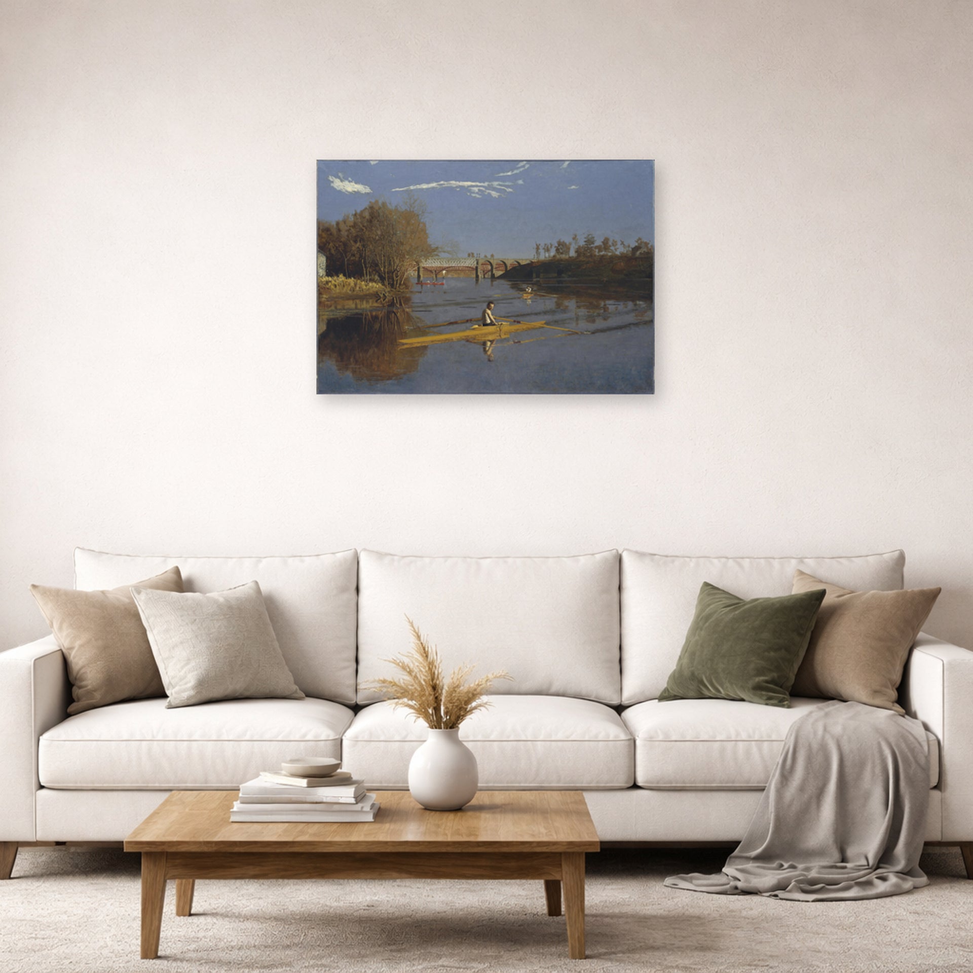 Unframed poster print of Thomas Eakins's Max Schmitt in a Single Scull displayed on a wall in a living room