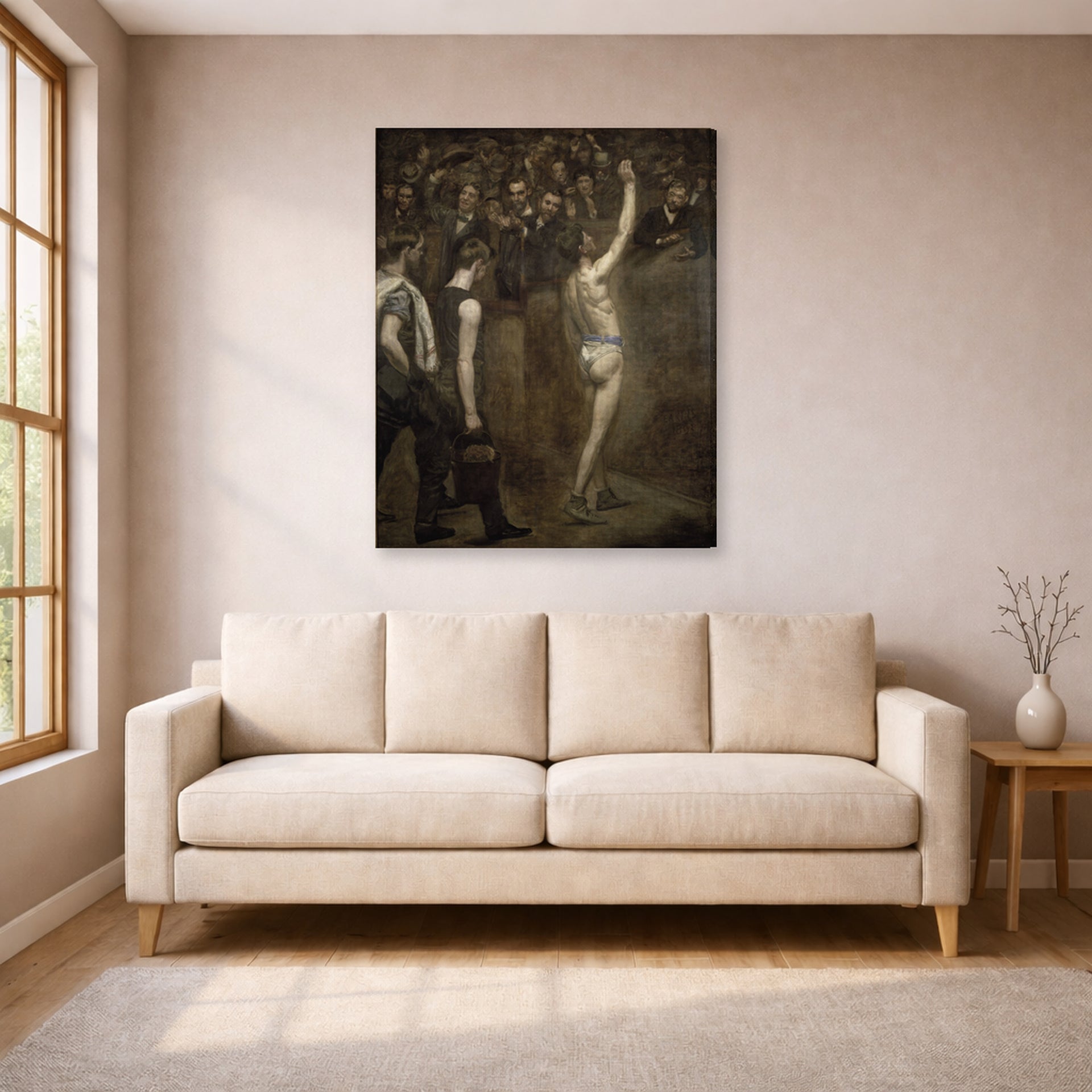 Gallery-wrapped canvas print of Thomas Eakins's Salutat displayed on a wall in a living room