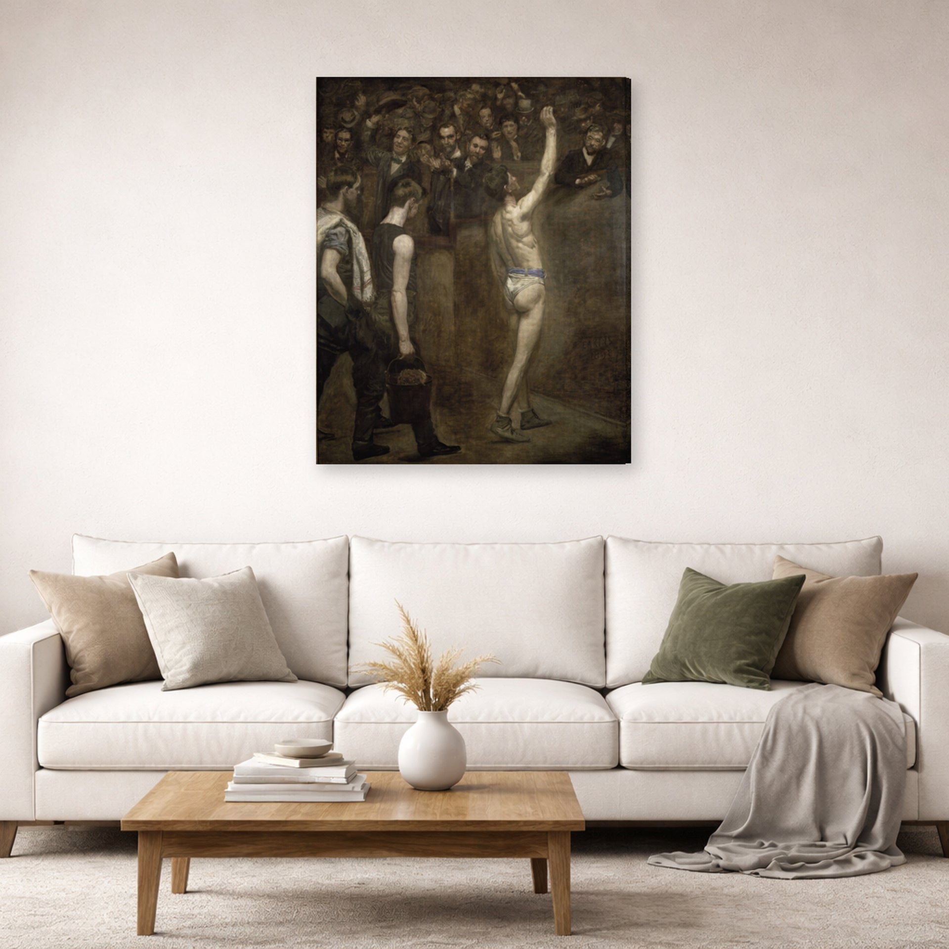 Gallery-wrapped canvas print of Thomas Eakins's Salutat displayed on a wall in a living room