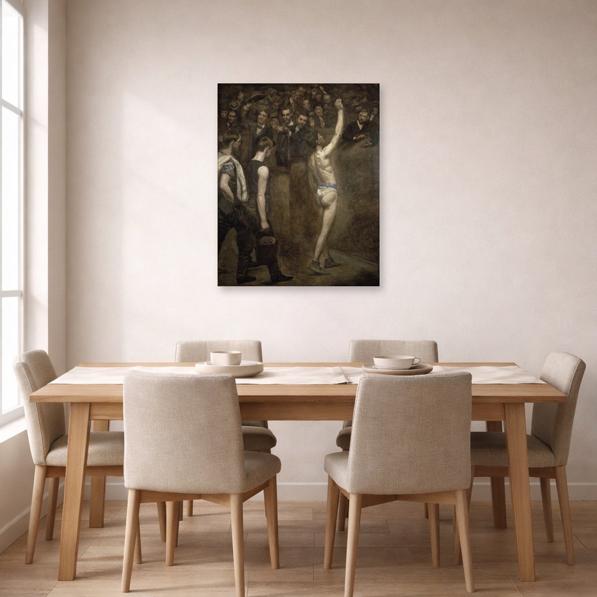 Unframed poster print of Thomas Eakins's Salutat displayed on a wall in a dining room