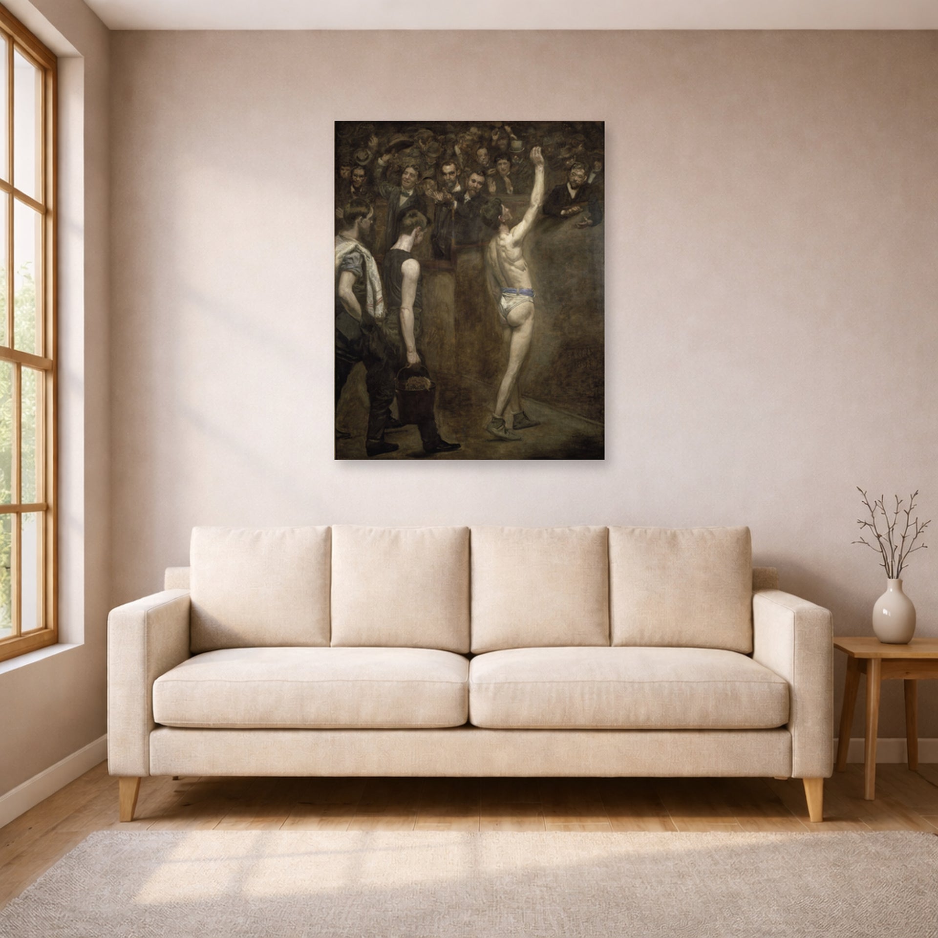 Unframed poster print of Thomas Eakins's Salutat displayed on a wall in a living room