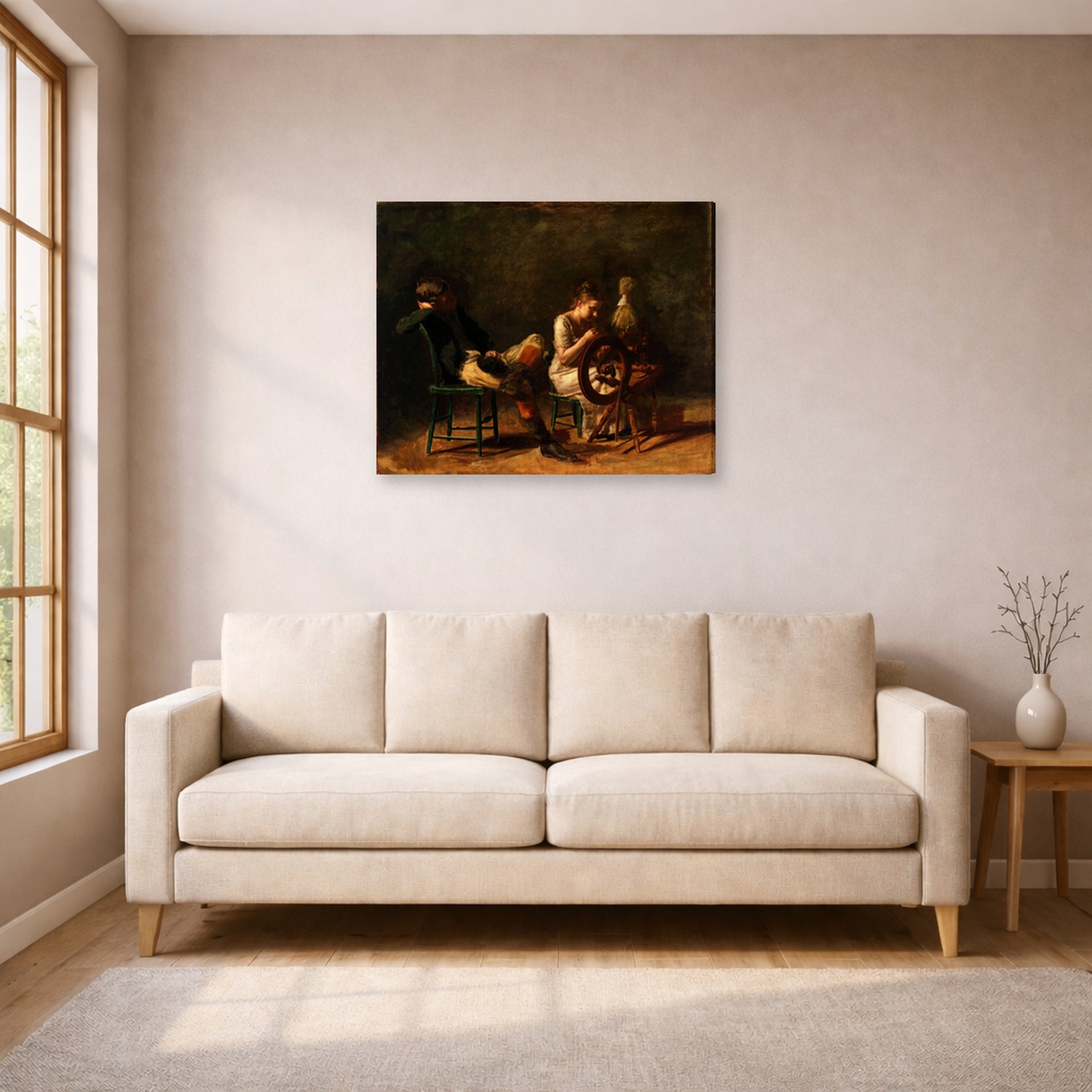Gallery-wrapped canvas print of Thomas Eakins's The Courtship displayed on a wall in a living room