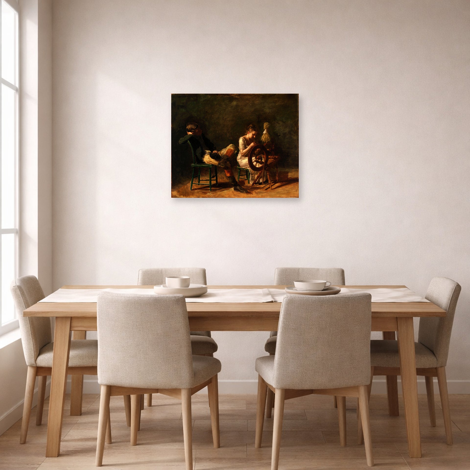 Unframed poster print of Thomas Eakins's The Courtship displayed on a wall in a dining room