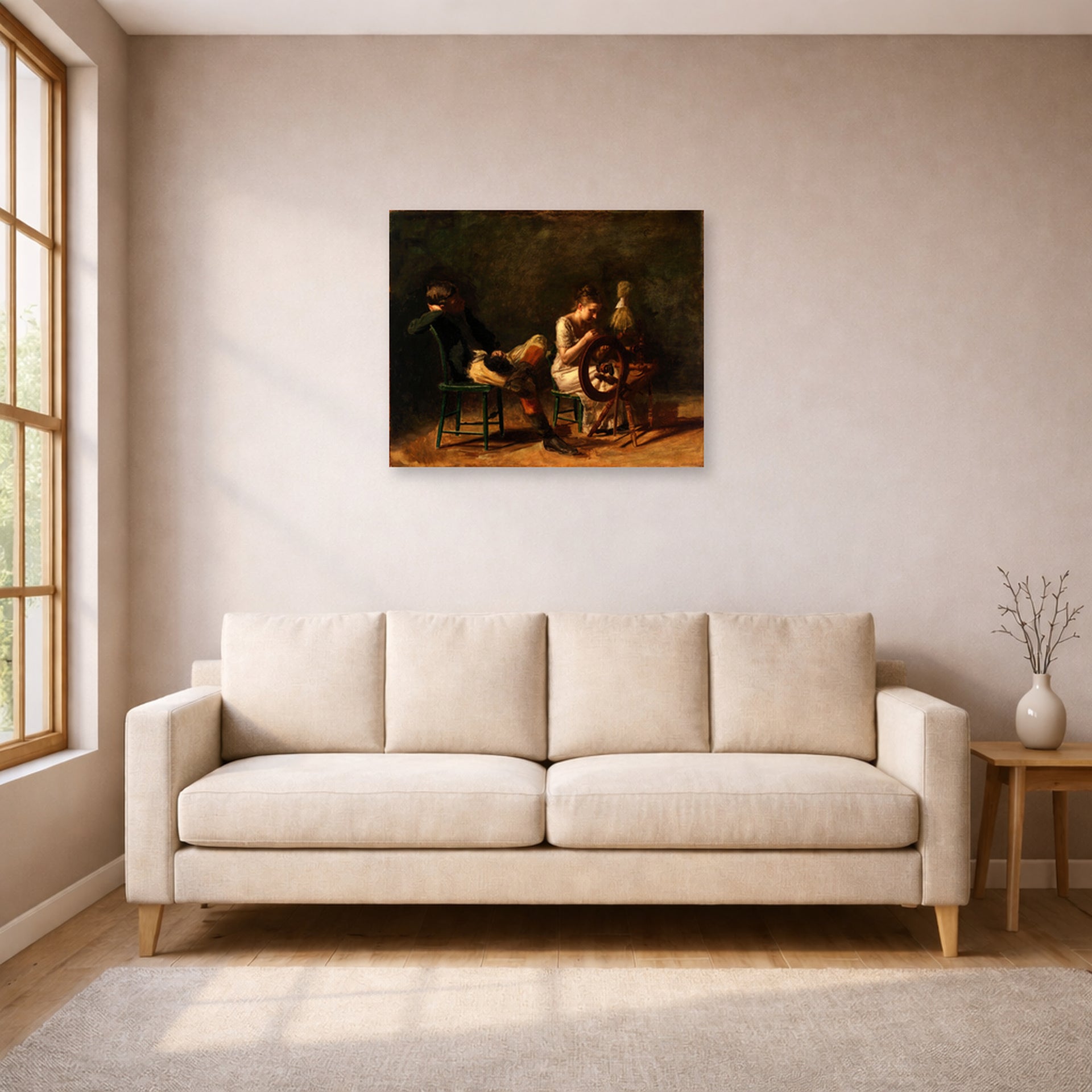 Unframed poster print of Thomas Eakins's The Courtship displayed on a wall in a living room